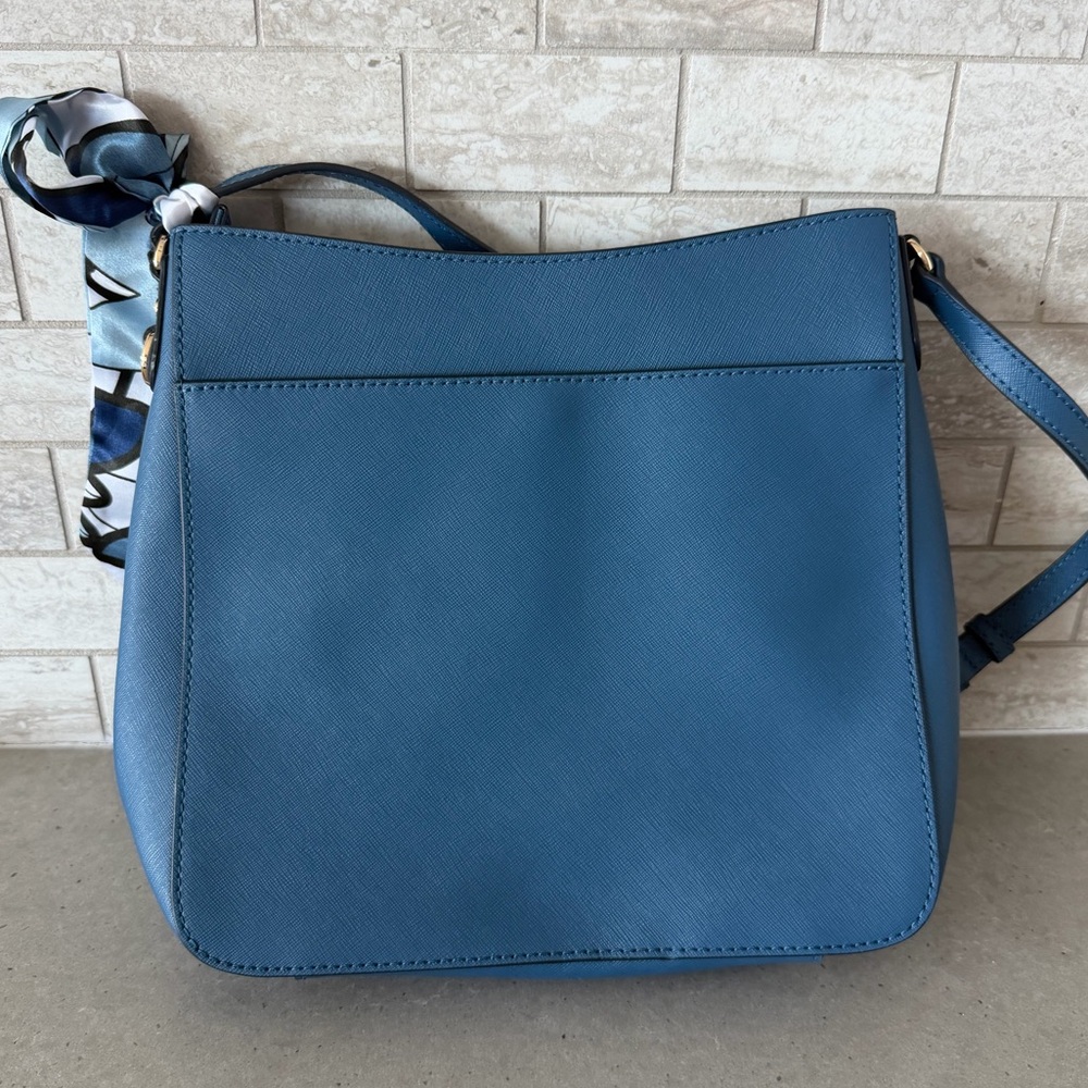 Michael Kors Blue Saffiano Leather Shoulder Bag with Scarf Accent - Picture 3 of 6